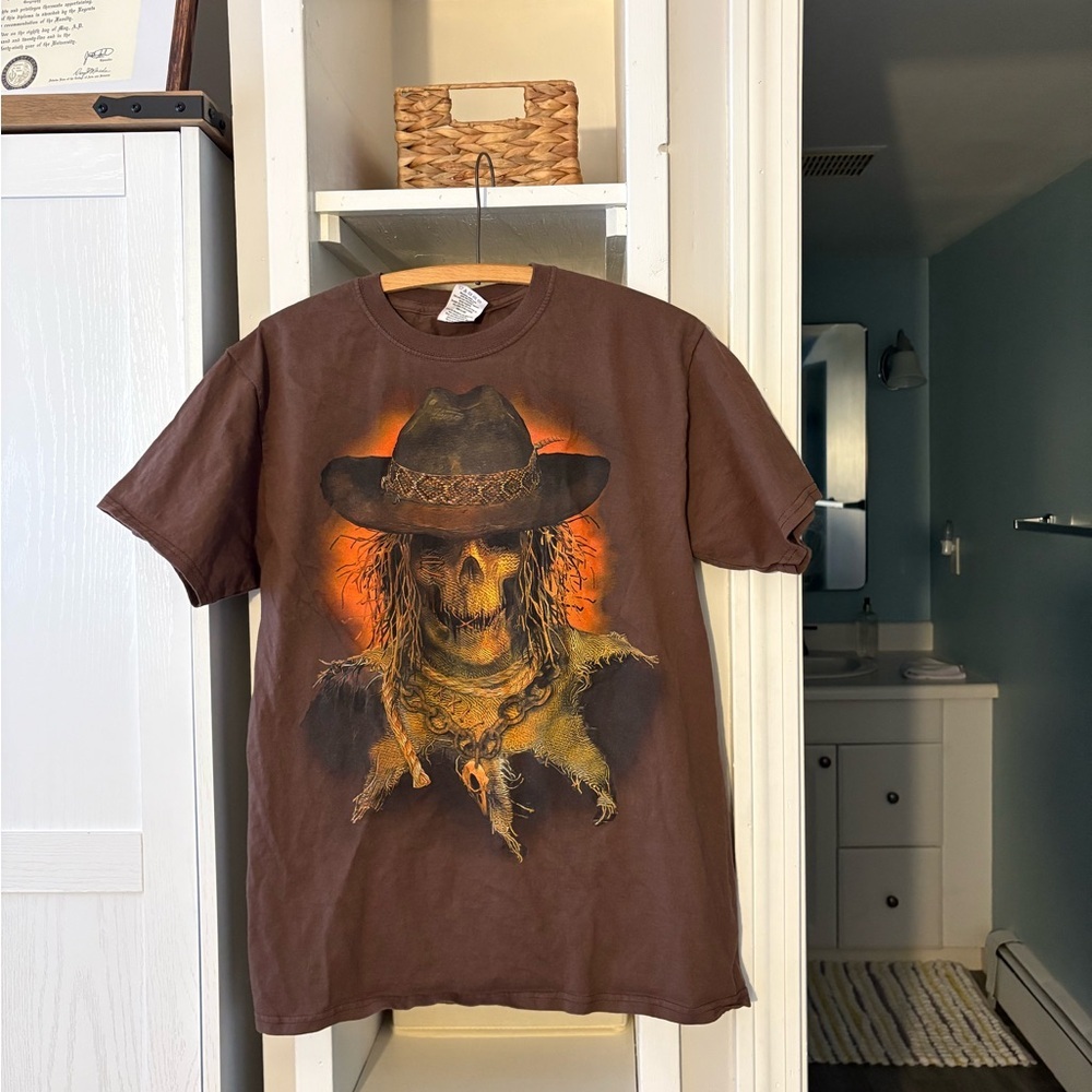 Brown Graphic T-Shirt with Skeleton Cowboy